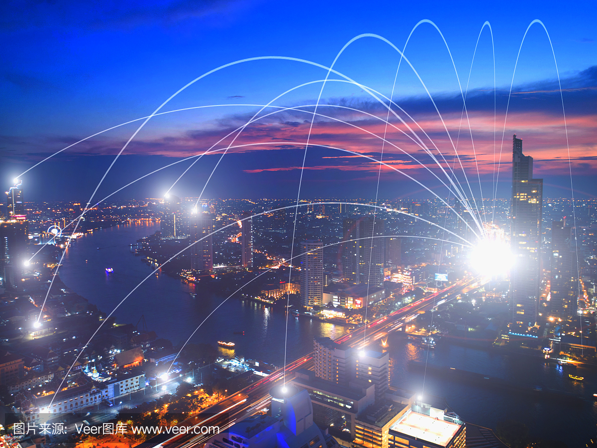 商業(yè)網(wǎng)絡連接概念和城市Wi-Fi。技術交流。背景模糊了首都的建筑。